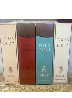 A collection of perfumes from Asaf, different shapes: Miss Sakura 100ml, Asaf Wild Colt 100ml, and Grace Eric 100ml. Perfume 4 is from Asaf, 100ml.