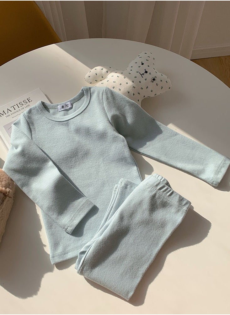 Loquat - Kids Solid Color Thermal Underwear Set Cotton Soft Base Layer Top & Bottom Children's Pajama Set Bluish Gray - Image 1