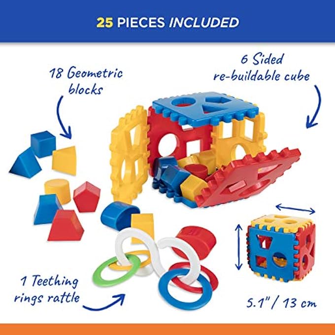 SHAPE SORTER TOY | RE-BUILDABLE BABY PLAY CUBE WITH 18 SORTING BLOCKS AND TEETHING RATTLE | LEARNING TOY MADE IN THE EU - RED, BLUE & YELLOW - Image 4