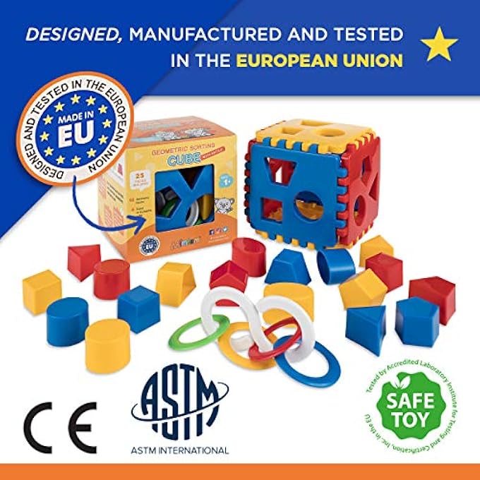 SHAPE SORTER TOY | RE-BUILDABLE BABY PLAY CUBE WITH 18 SORTING BLOCKS AND TEETHING RATTLE | LEARNING TOY MADE IN THE EU - RED, BLUE & YELLOW - Image 3
