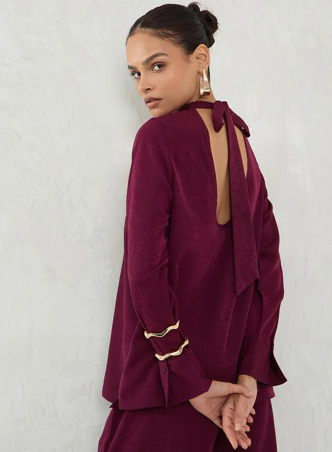 Femmella Self Design Back Tie-Up Satin Top and Pants Co-Ords by Styli