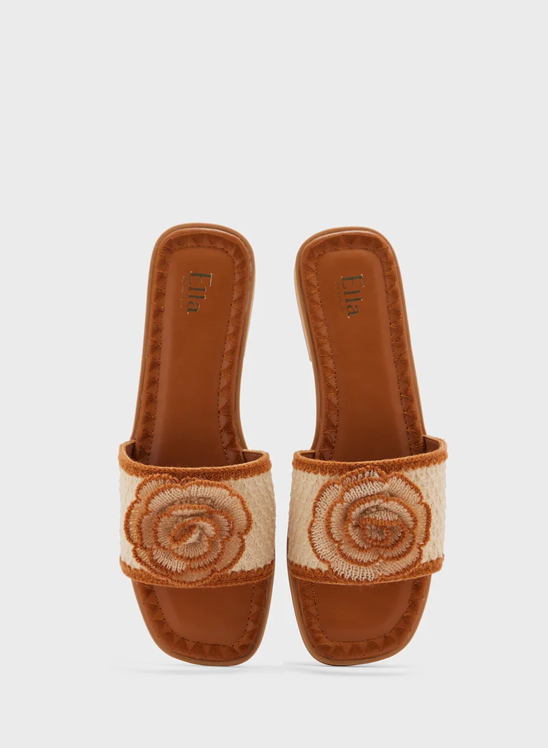 ELLA Constrast Stitch Embroidered Rose Floral Flat Sandal