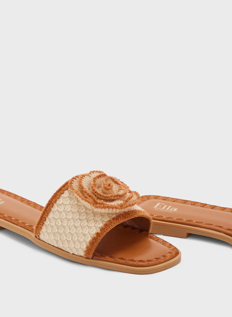 ELLA Constrast Stitch Embroidered Rose Floral Flat Sandal