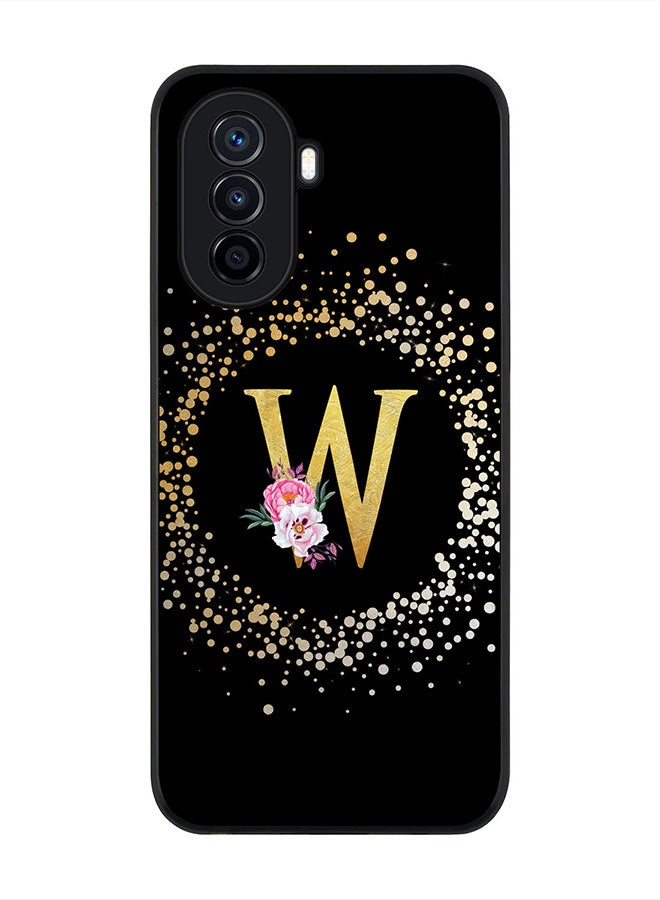 Stylizedd Rugged Black Edge case for Huawei nova Y71, Slim fit Rubber Edges Thin Cover - Custom Monogram Initial Letter Floral Pattern Alphabet - W (Black ) - Image 1