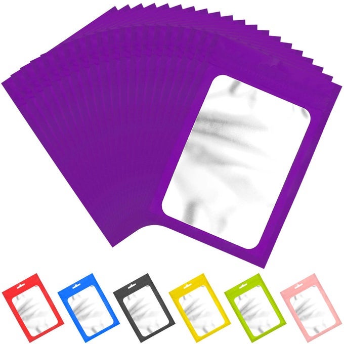 100 PIECES RESEALABLE MYLAR BAGS WITH ZIPPER AND CLEAR WINDOW SMELL PROOF PACKAGING BAGS FOIL POUCH ZIPPER BAG FOR FOOD SELF SEALING STORAGE SUPPLIES PURPLE 275393 INCHES
