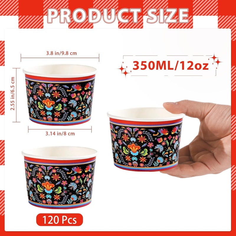 120 كوب آيس كريم مكسيكي سعة 12 أونصة، أوعية حلوى ووجبات خفيفة ورقية مكسيكية مزهرة Cielito Lindo يمكن التخلص منها، أكواب ورقية زهرة ماندالا لحفلات Mayo Taco والعطلات والزفاف وعيد الميلاد والمكسيك - Image 3