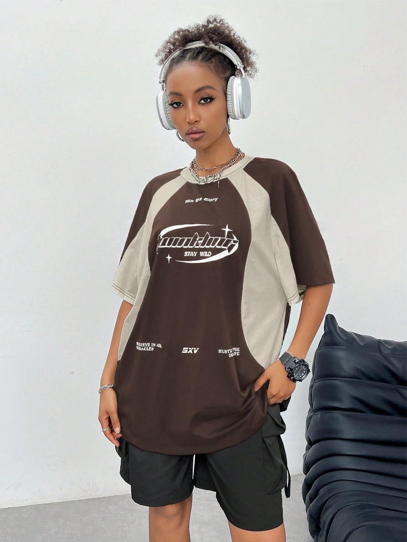 SXV STYLE SXV 'Hustle for The Dream Life’ Printed Cool Aesthetic Oversized Baggy Cotton Y2K T-Shirt (in, Alpha, L, Brown&Beige) - Image 4