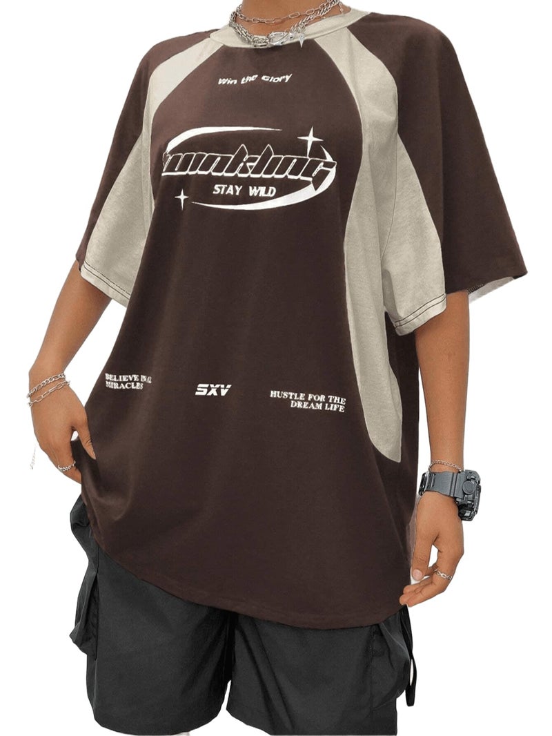 SXV STYLE SXV 'Hustle for The Dream Life’ Printed Cool Aesthetic Oversized Baggy Cotton Y2K T-Shirt (in, Alpha, L, Brown&Beige) - Image 1