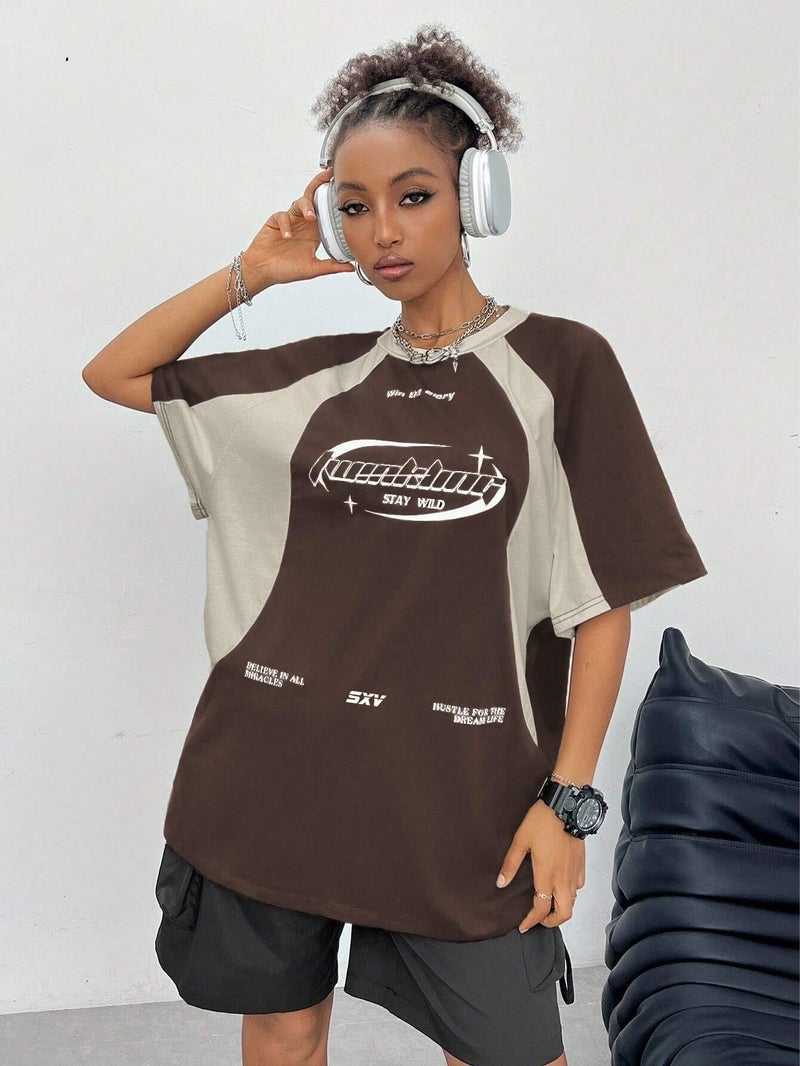 SXV STYLE SXV 'Hustle for The Dream Life’ Printed Cool Aesthetic Oversized Baggy Cotton Y2K T-Shirt (in, Alpha, L, Brown&Beige) - Image 2