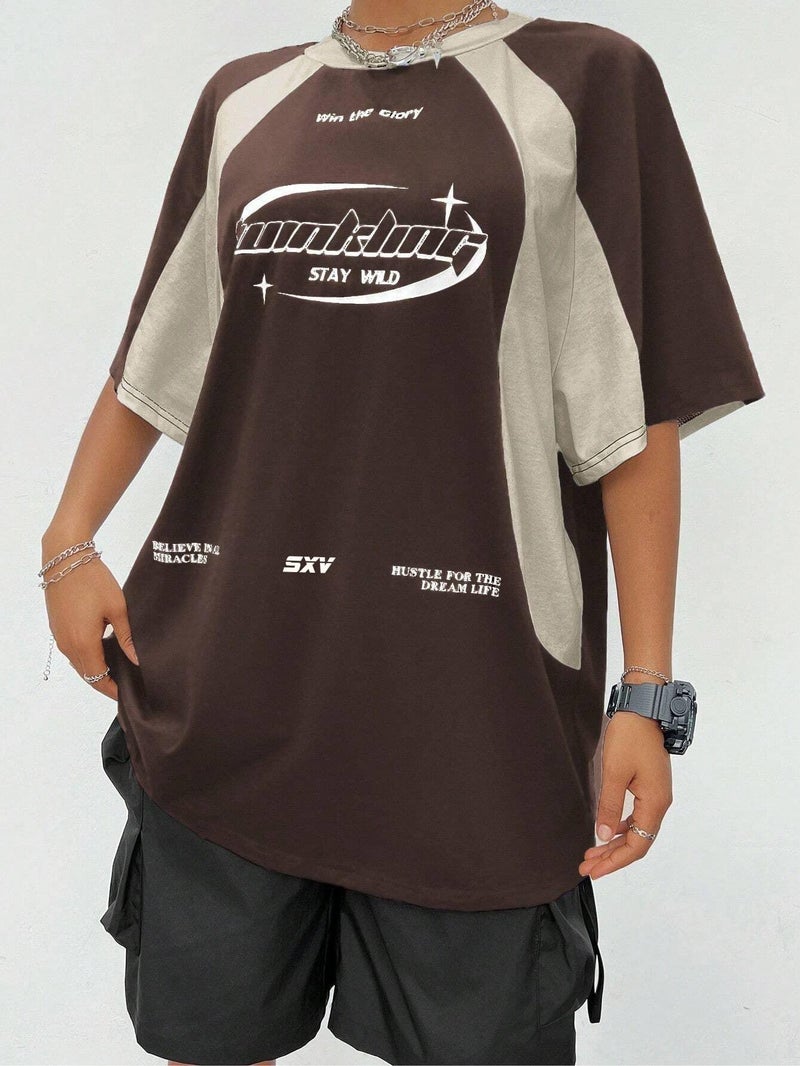 SXV STYLE SXV 'Hustle for The Dream Life’ Printed Cool Aesthetic Oversized Baggy Cotton Y2K T-Shirt (in, Alpha, L, Brown&Beige) - Image 5