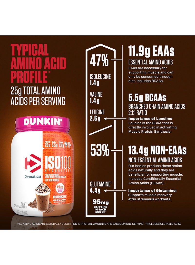Dymatize x Dunkin' Mocha Latte ISO100 Whey Protein Powder, 95mg Caffeine, 25g of Protein, 20 Servings, 5.5g BCAAs, 120 Cal., Gluten Free, 1g Fat, 1g Sugar, 3g Carb - Image 3