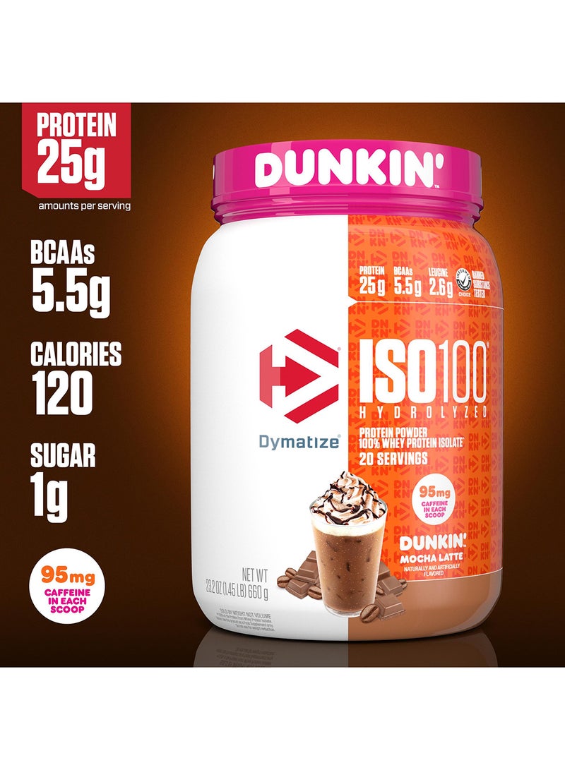 Dymatize x Dunkin' Mocha Latte ISO100 Whey Protein Powder, 95mg Caffeine, 25g of Protein, 20 Servings, 5.5g BCAAs, 120 Cal., Gluten Free, 1g Fat, 1g Sugar, 3g Carb - Image 4