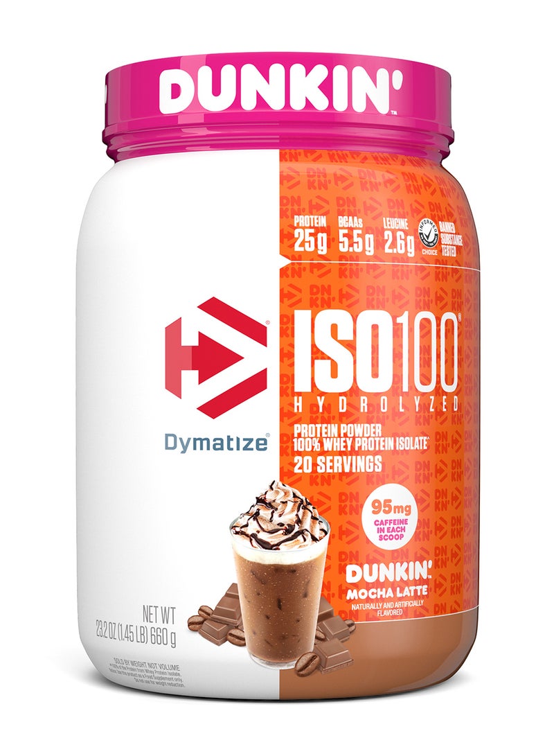 Dymatize x Dunkin' Mocha Latte ISO100 Whey Protein Powder, 95mg Caffeine, 25g of Protein, 20 Servings, 5.5g BCAAs, 120 Cal., Gluten Free, 1g Fat, 1g Sugar, 3g Carb - Image 1