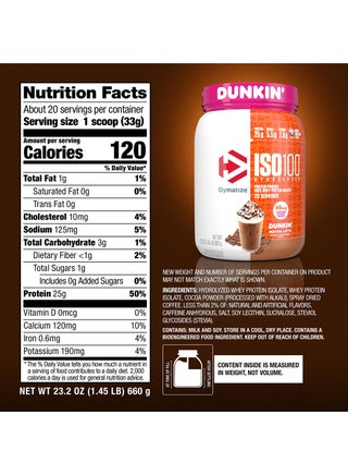 x Dunkin' ISO100 Hydrolyzed Protein Powder, 100% Whey Isolate, 25g Protein, 95mg Caffeine, 5.5g BCAAs, Gluten Free, Mocha Latte, 660g, 20 Servings - view 5