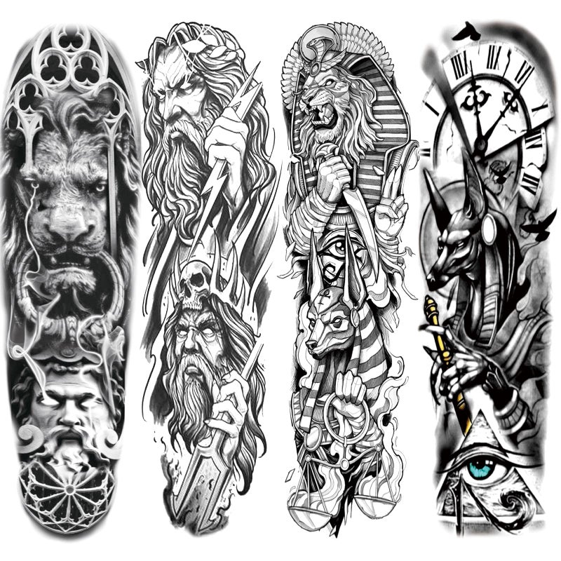 Briyhose 3D Gladiator Temporary Tattoos Sleeve For Men Full Arm Large Warrior Knight Lion Fake Tattoos Sleeve Adult Women Realistic Black Myth Temp Tatoo Sticker Arm Leg Body Art Makeup 4Sheet