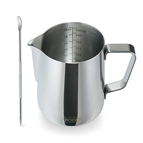 Zroden Milk Frothing Pitcher, Thicker Version 20oz Espresso Steaming Pitchers Stainless Steel Cappuccino Coffee Machine Accessories Barista Tools Steamer Pitchers Milk Jug Cup with Decorating Pen Latte Art - Image 1
