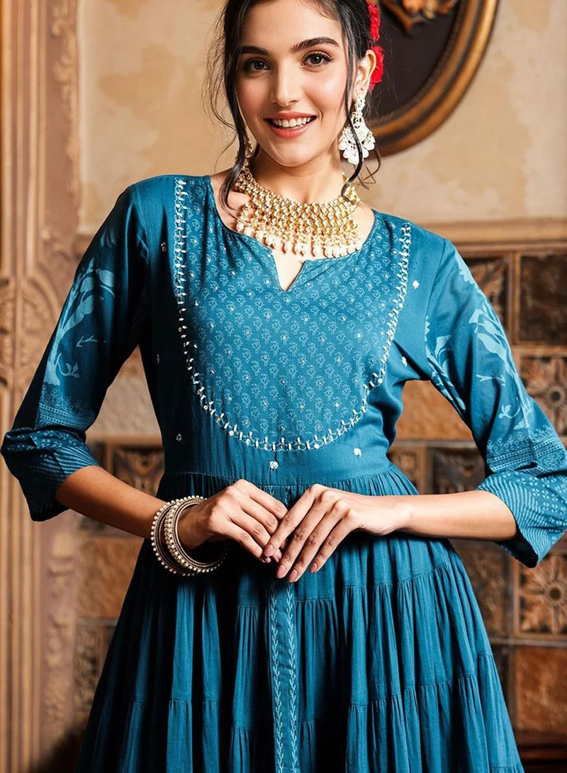 ISHIN  Women'S Teal 100% Cotton Embellished Regular Fit Dress for Women | Best Price UAE