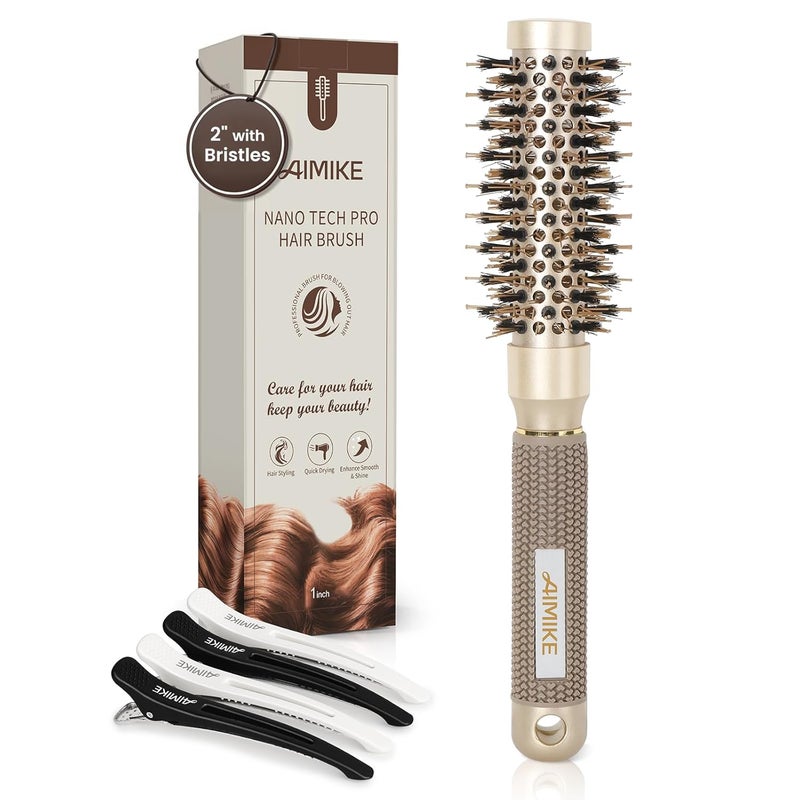 AIMIKE Round Hair Brush, 1 inch Barrel with Boar Bristles, Nano Thermal Ceramic & Ionic Tech, for Blow Drying, Styling, Curling and Shine + 4 Clips (Gold, Unisex, Fine Hair, Short Hair, Anti-Frizz) - Image 1