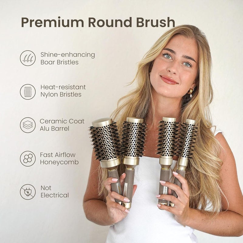 AIMIKE Round Hair Brush, 1 inch Barrel with Boar Bristles, Nano Thermal Ceramic & Ionic Tech, for Blow Drying, Styling, Curling and Shine + 4 Clips (Gold, Unisex, Fine Hair, Short Hair, Anti-Frizz) - Image 4