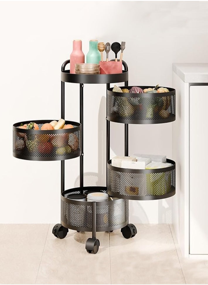 dida-cosmos - Fruit Basket for Kitchen, Rotating Storage Rack, Kitchen Storage Carts, Rolling Cart with top lid Heighten Guardrail Multi Layer Removable Basket Shelf for Fruit Vegetable Black 4 Tiers - Image 1