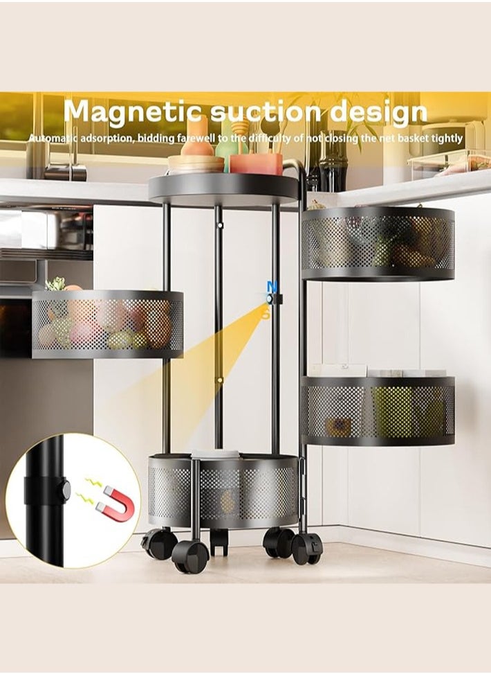 dida-cosmos - Fruit Basket for Kitchen, Rotating Storage Rack, Kitchen Storage Carts, Rolling Cart with top lid Heighten Guardrail Multi Layer Removable Basket Shelf for Fruit Vegetable Black 4 Tiers - Image 1