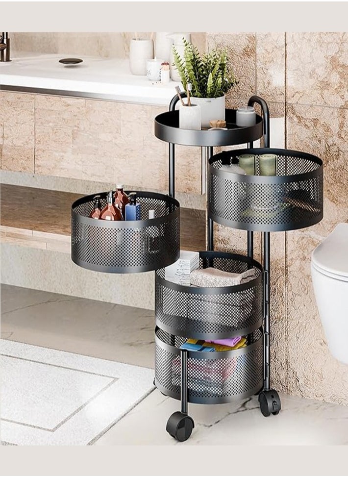 dida-cosmos - Fruit Basket for Kitchen, Rotating Storage Rack, Kitchen Storage Carts, Rolling Cart with top lid Heighten Guardrail Multi Layer Removable Basket Shelf for Fruit Vegetable Black 4 Tiers - Image 1