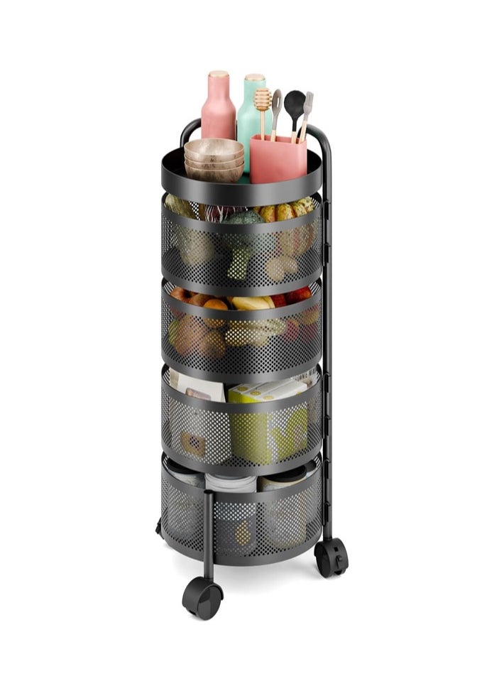 dida-cosmos - Fruit Basket for Kitchen, Rotating Storage Rack, Kitchen Storage Carts, Rolling Cart with top lid Heighten Guardrail Multi Layer Removable Basket Shelf for Fruit Vegetable Black 4 Tiers - Image 1
