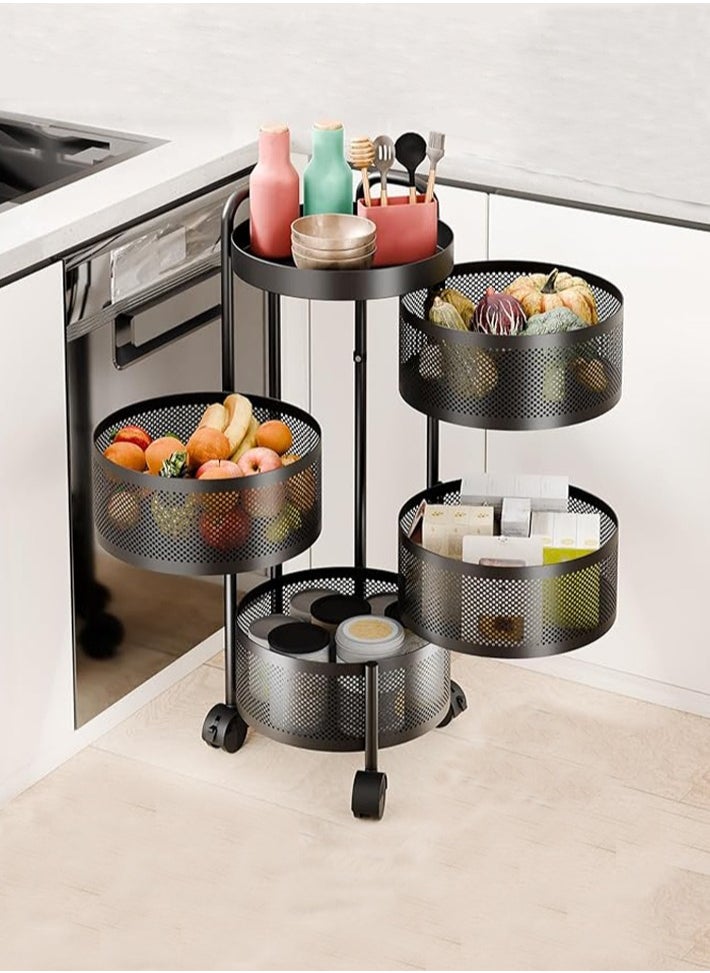 dida-cosmos - Fruit Basket for Kitchen, Rotating Storage Rack, Kitchen Storage Carts, Rolling Cart with top lid Heighten Guardrail Multi Layer Removable Basket Shelf for Fruit Vegetable Black 4 Tiers - Image 1