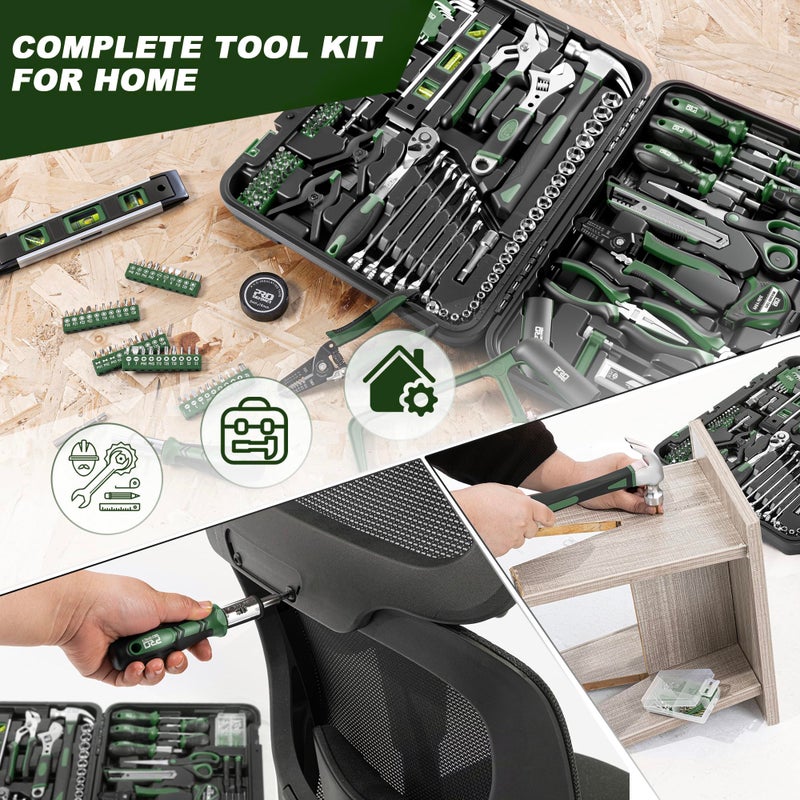 Prostormer 259-Piece Tool Kit, General Household Hand Tool Set with Plastic Storage Toolbox, Portable Complete Repair Tool Box for Home and Car (Green) - Image 5