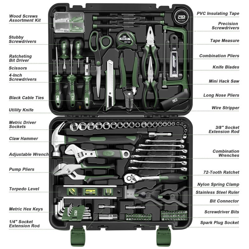 Prostormer 259-Piece Tool Kit, General Household Hand Tool Set with Plastic Storage Toolbox, Portable Complete Repair Tool Box for Home and Car (Green) - Image 3