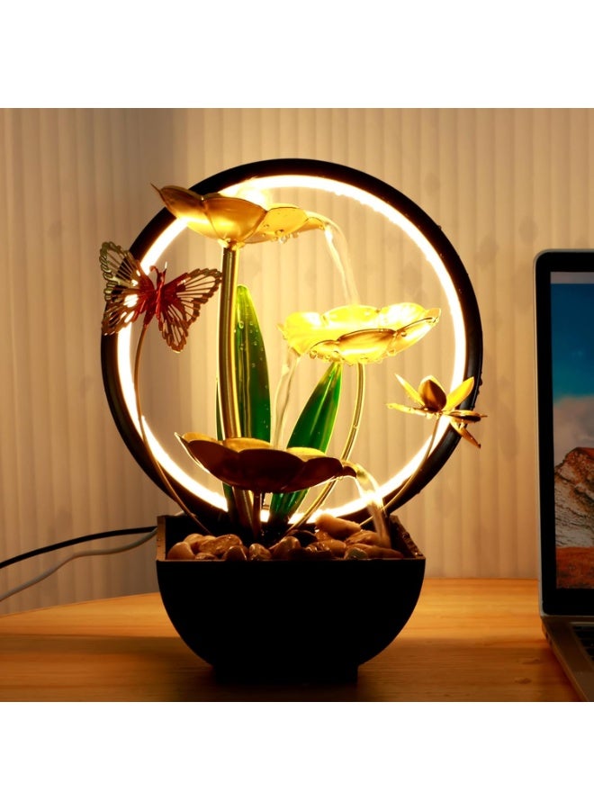 نافورة مياه سطح المكتب مزودة بإضاءة LED دائرية وأحجار طبيعية، نافورة شلال سطح المكتب تعمل بمنفذ USB، نافورة مياه زين، مرطب هواء داخلي، ديكور منزلي ومكاتب (الطراز أ). - Image 1