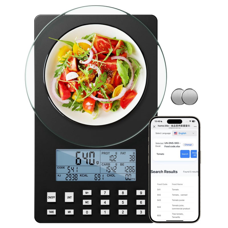 UNIWEIGH Nutrition Food Scale,5KG Digital Food Scale for Weight Loss,Prefect for Calculating Food Facts,Calorie Counting,Meal Prep,Fat,KCAL,Carbohydrates,Cholestero,with Food Grade Glass - Image 1