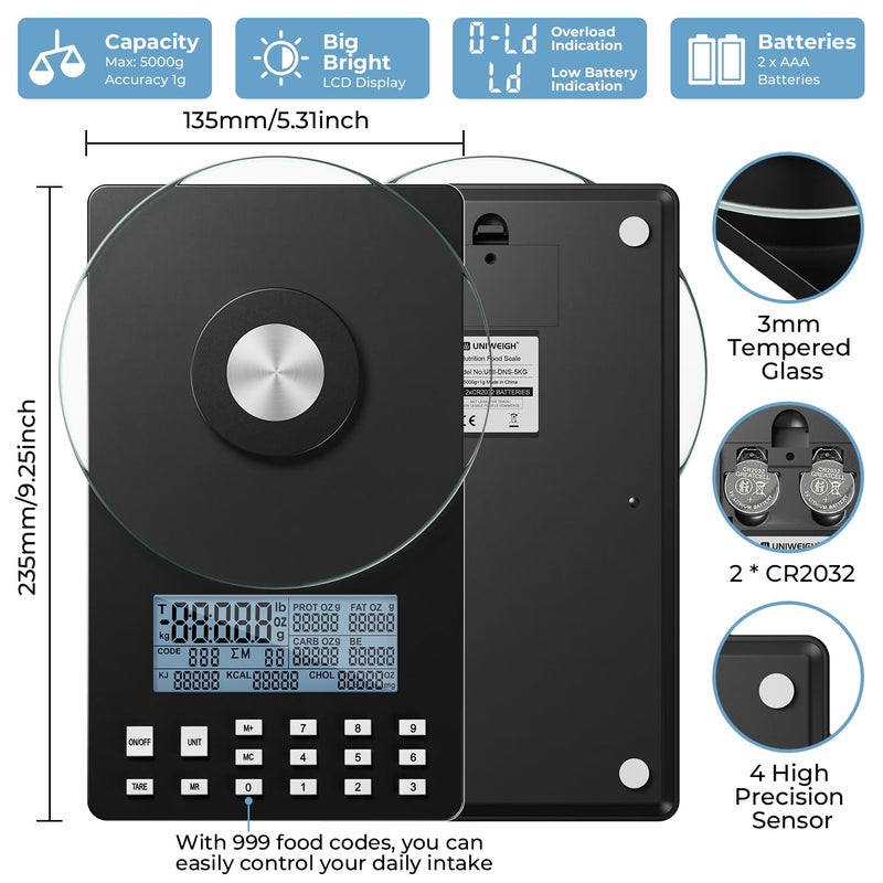 UNIWEIGH Nutrition Food Scale,5KG Digital Food Scale for Weight Loss,Prefect for Calculating Food Facts,Calorie Counting,Meal Prep,Fat,KCAL,Carbohydrates,Cholestero,with Food Grade Glass - Image 4