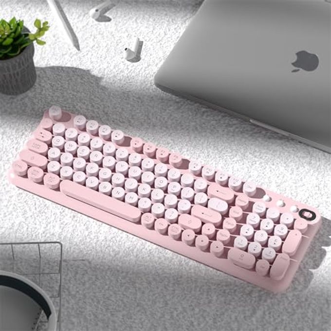 Links9+ Wireless Bluetooth Keyboard, Retro Round Typewriter Keyboard, Dual Mode Bluetooth & 2.4Ghz Receiver, Compatible With Windows, Macos, Ipad, Android, Laptops, And Tablets (Pink) - Image 2