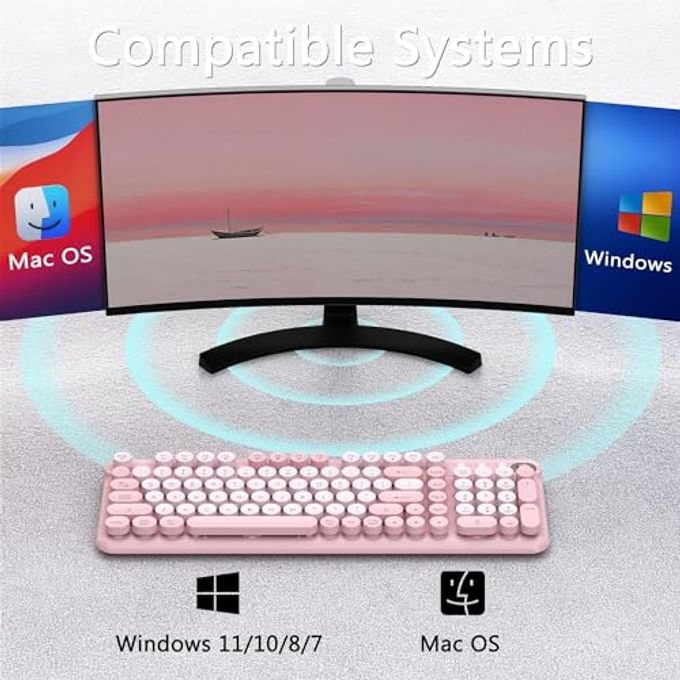 Links9+ Wireless Bluetooth Keyboard, Retro Round Typewriter Keyboard, Dual Mode Bluetooth & 2.4Ghz Receiver, Compatible With Windows, Macos, Ipad, Android, Laptops, And Tablets (Pink) - Image 3