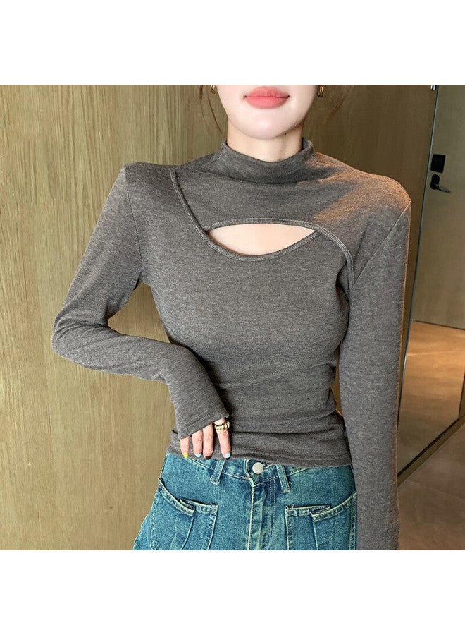 LANG SHA Langsha Women's Semi-turtleneck Fleece Lined Base Layer Winter  New Hollow Out Long Sleeve T-shirt Elegant Top - Image 3