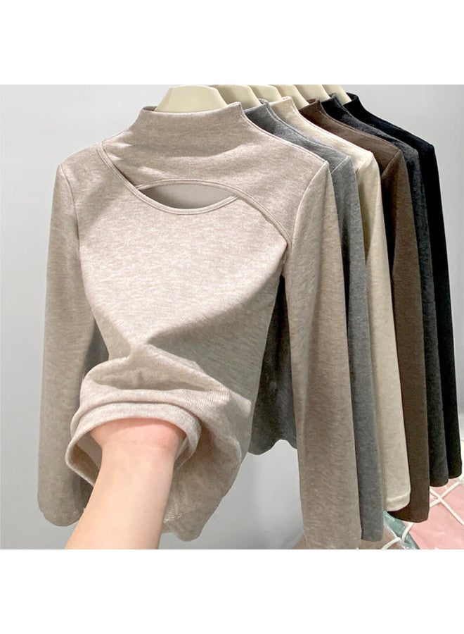 LANG SHA Langsha Women's Semi-turtleneck Fleece Lined Base Layer Winter  New Hollow Out Long Sleeve T-shirt Elegant Top - Image 1