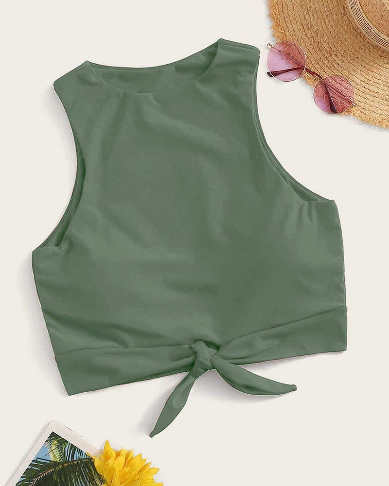 Balasami Women's Cut Out Tie Knot Front Scoop High Neck Tank Crop Top Bikini Swimsuit Top Only Olive Green - Image 2