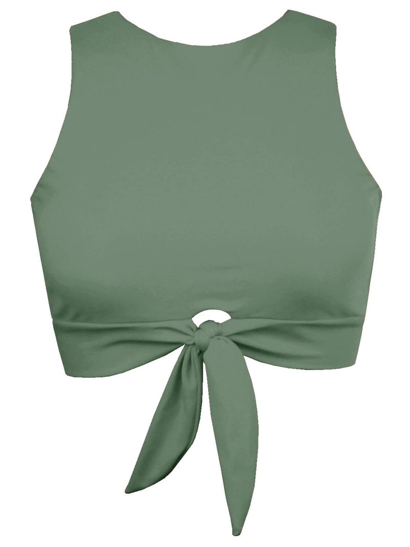 Balasami Women's Cut Out Tie Knot Front Scoop High Neck Tank Crop Top Bikini Swimsuit Top Only Olive Green - Image 1