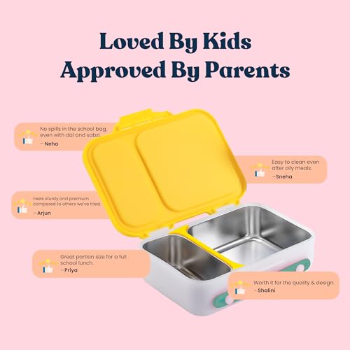 rabitat Munchbee Pro Stainless Steel Kids Lunch Box 850ml- Food-Grade Steel Bento Tiffin | 2-Year Brand Warranty | Spill-Proof Flick-Lock | 3 Compartments, BPA-Free, School-Safe | Mad Eye - Image 4