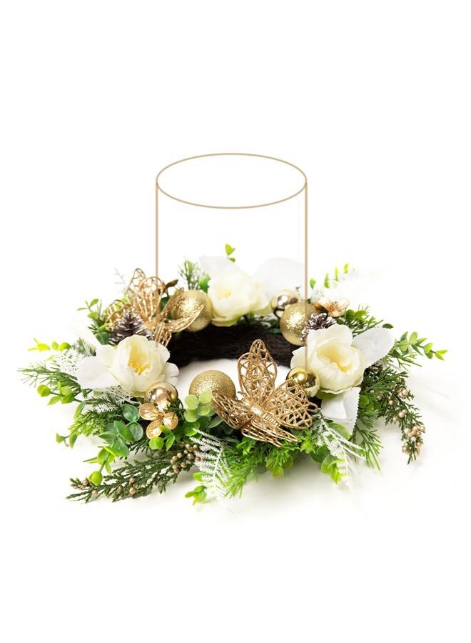 WELL KNOWN Artificial Flower Candle Rings Wreath, 12" Small Fall Wreath for Candelabrum, Butterfly Table Centerpieces Hanging Decor for Kitchen Wedding Home Xmas New Year Decor (Gold White & Green) - Image 1