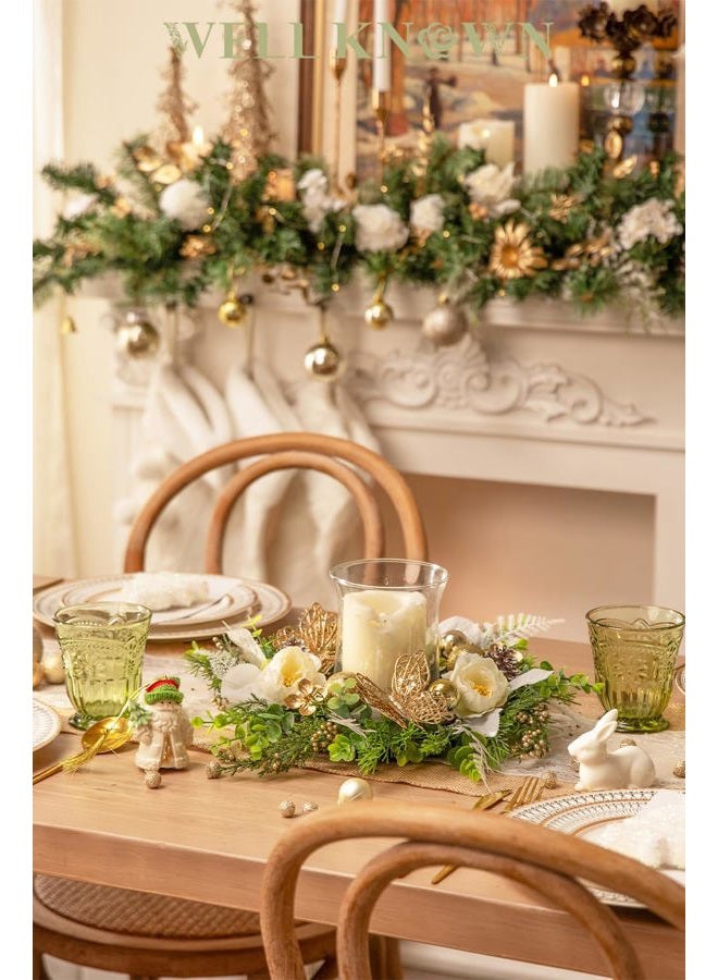 WELL KNOWN Artificial Flower Candle Rings Wreath, 12" Small Fall Wreath for Candelabrum, Butterfly Table Centerpieces Hanging Decor for Kitchen Wedding Home Xmas New Year Decor (Gold White & Green) - Image 5