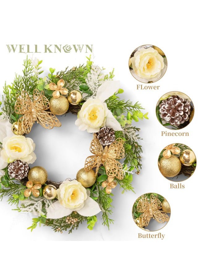 WELL KNOWN Artificial Flower Candle Rings Wreath, 12" Small Fall Wreath for Candelabrum, Butterfly Table Centerpieces Hanging Decor for Kitchen Wedding Home Xmas New Year Decor (Gold White & Green) - Image 2