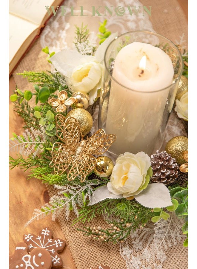 WELL KNOWN Artificial Flower Candle Rings Wreath, 12" Small Fall Wreath for Candelabrum, Butterfly Table Centerpieces Hanging Decor for Kitchen Wedding Home Xmas New Year Decor (Gold White & Green) - Image 4