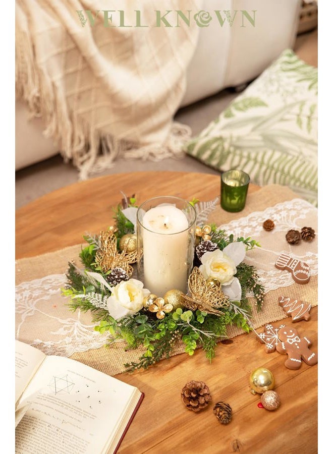 WELL KNOWN Artificial Flower Candle Rings Wreath, 12" Small Fall Wreath for Candelabrum, Butterfly Table Centerpieces Hanging Decor for Kitchen Wedding Home Xmas New Year Decor (Gold White & Green) - Image 3