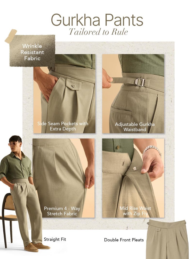 The Souled Store: Gurkha Pants Men and Boys Solid Polyester Blend Straight Fit Adjustable Waistband 4-Way Stretch Wrinkle Resistant Pleated Front Trousers Light Olive - Image 3