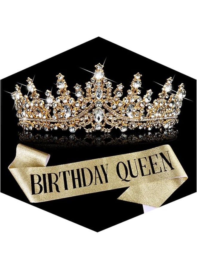 Birthday Queen Sash and Crown for Women - Gold Rhinestone Tiara and Sash Set for Birthday Decorations Outfits for Women - Image 1
