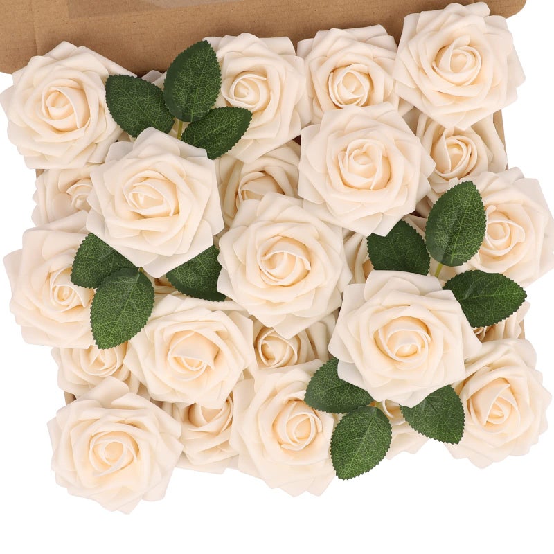 NT NIETING Artificial Flowers 25pcs Fake Flowers Bulk Perfect for DIY Fall Wedding Bridesmaid Bridal Bouquets Centerpieces Party Home Flower Arrangement Decoration Cream Roses
