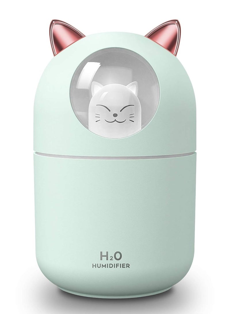 بيتشو مرطب هواء صغير لطيف على شكل قطة، سعة 300 مل، مرطب هواء للسيارة برذاذ بارد، إيقاف تشغيل تلقائي، ضوء ليلي LED، مرطب لغرفة نوم الطفل، المنزل، المكتب، السفر، أخضر - Image 1