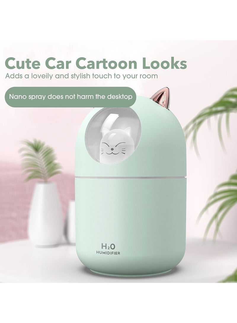 بيتشو مرطب هواء صغير لطيف على شكل قطة، سعة 300 مل، مرطب هواء للسيارة برذاذ بارد، إيقاف تشغيل تلقائي، ضوء ليلي LED، مرطب لغرفة نوم الطفل، المنزل، المكتب، السفر، أخضر - Image 3